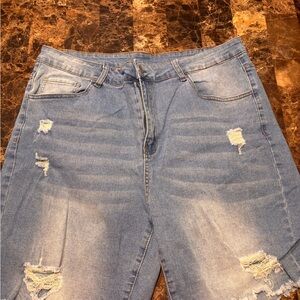 SHEIN Light Blue Washed Denim Jean Shorts with Orange Topstitching